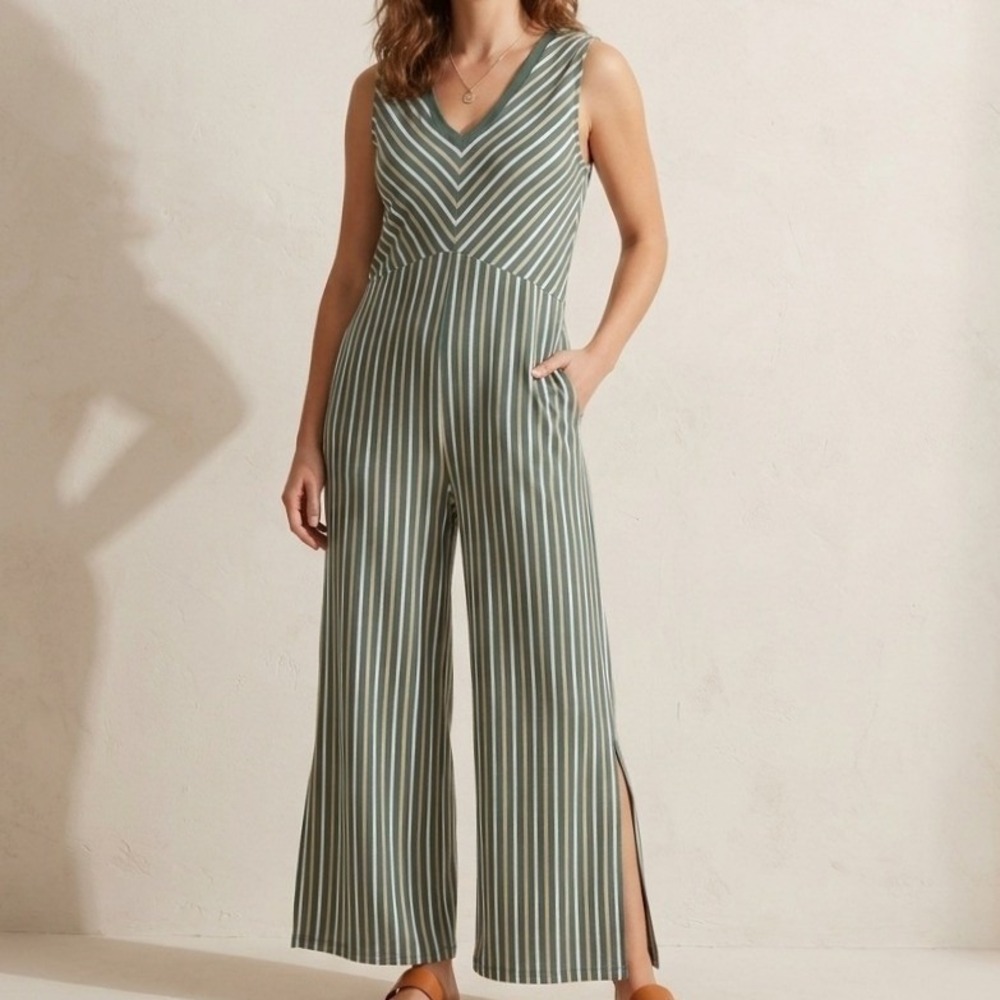 Cuddl Duds Sleeveless VNeck Stripe Wide Leg Jumpsuit Green Tall Small Loungewear